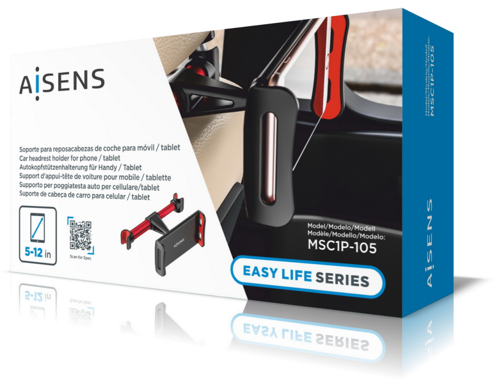 AISENS Soporte Coche Ajustable (1 Pivote) Para Reposacabezas Para Telefono / Tablet, Rojo