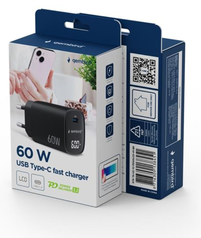 Gembird TA-UC-1C-PD60LCD-01-BK cargador de dispositivo móvil Portátil, Smartphone, Tableta Negro Corriente alterna Carga rápida Interior