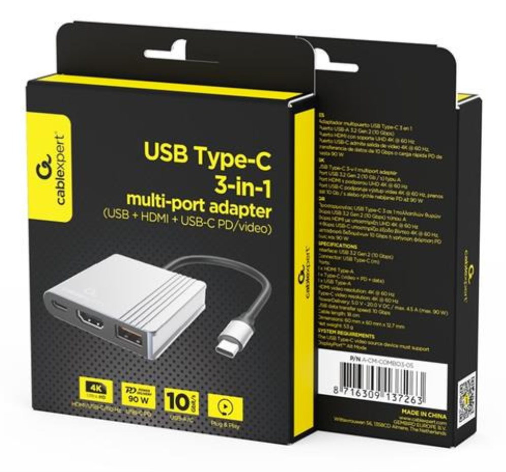 Gembird A-CM-COMBO3-05 hub de interfaz USB Tipo C 10000 Mbit/s Gris