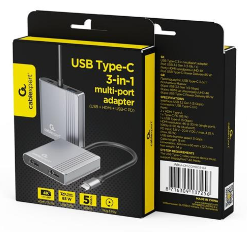Gembird A-CM-COMBO3-04 hub de interfaz USB Tipo C 5000 Mbit/s Gris
